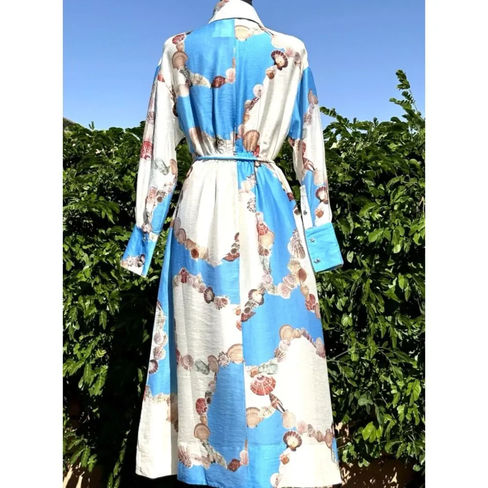 Caroline Constas Sea Shell Print Midi Dress Small Blue White Beach Coastal NWT